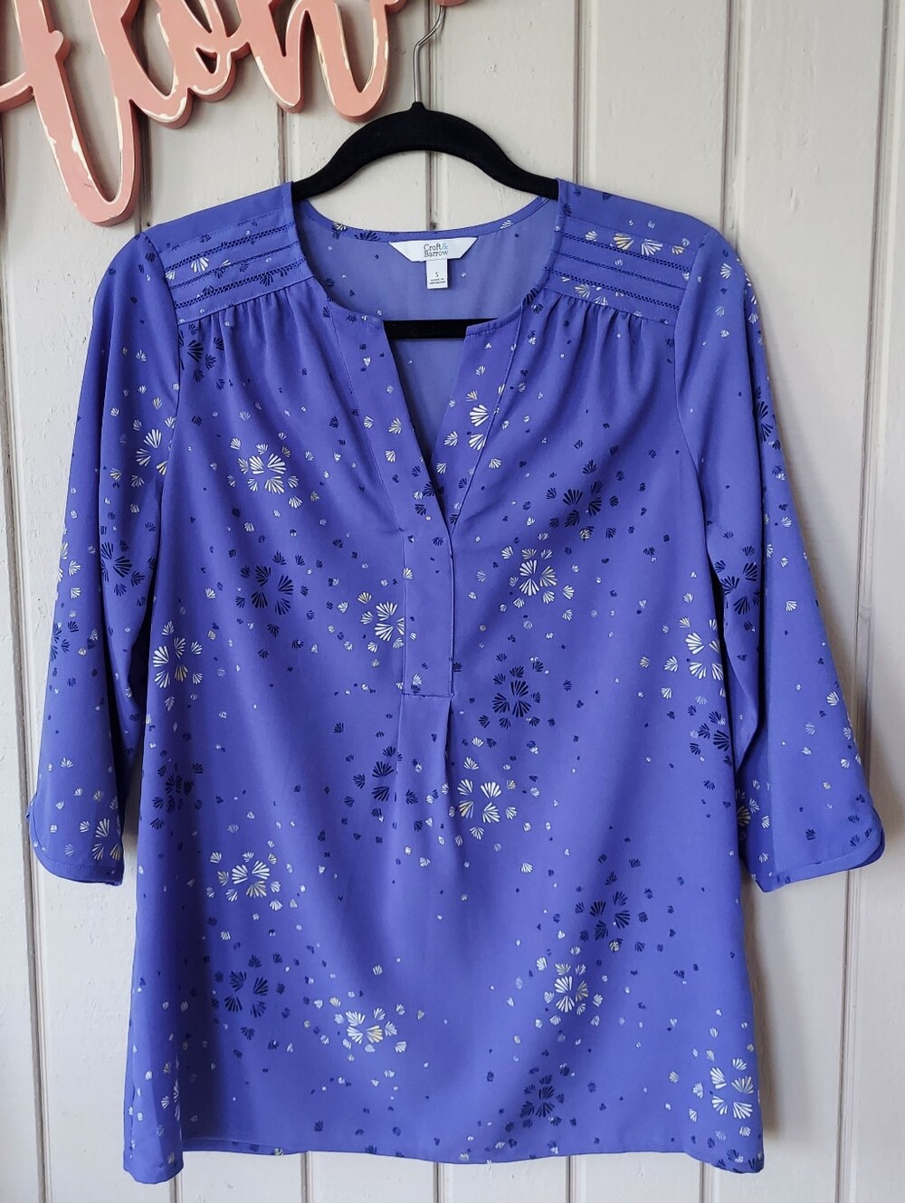Croft & Barrow Pullover V-Neck 3/4 Sleeve Blue Print Women's S
